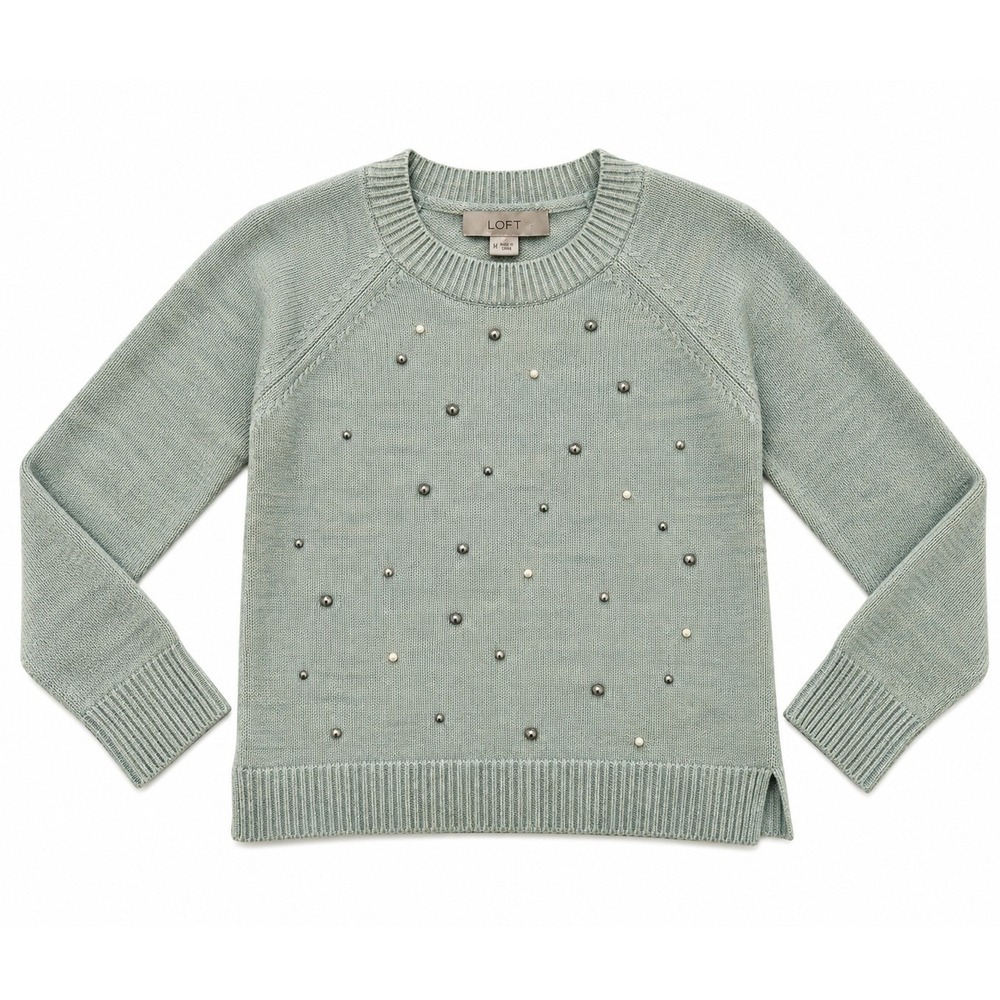 LOFT Jeweled Rhinestone Sweater Womens M Sage Green Crewneck Preppy Cottagecore